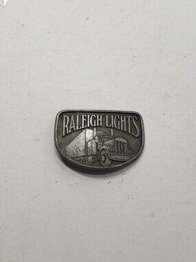 Vintage Raleigh Lights Cigarettes Advertising Belt Buckle Semi Truck Pewter Tone